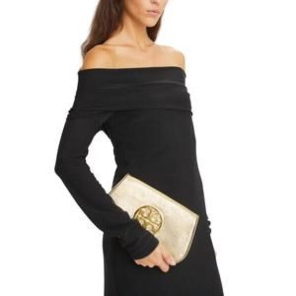 Tory Burch Reva Clutch Metallic Gold With Detachable Shoulder Strap - Picture 11 of 11